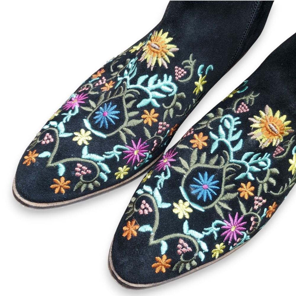 Diba Size 8.5 Booties Embroidered Black Suede Leather Rainbow Floral Western - Picture 8 of 11